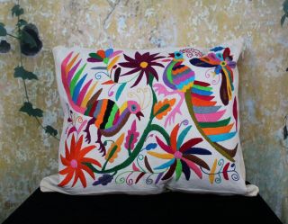 12 Otomi Hand Embroidered Decorative Pillow Cover 2 Peacocks Mexican Folk Art