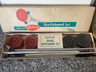 Vintage Sportcraft Sports Games Shuffleboard Set 4 Poles 8 Pucks Red Black
