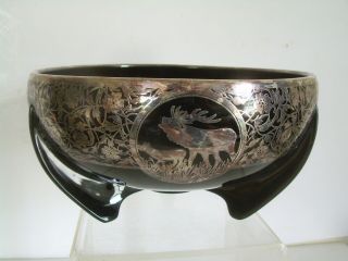 Vintage Art Deco Black Glass Rocket Bowl W Sterling Silver Overlay Duncan Miller