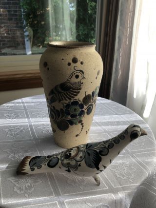 Vintage Mexican Stoneware Pottery Tonala Hand Painted Ceramic Vase And Bird Set