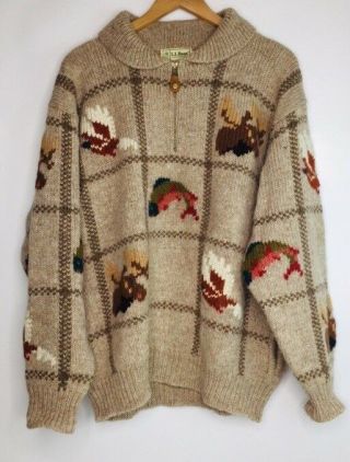 Vintage Ll Bean Hunting Wool Thick Sweater Game Fish Moose Pheasant Pockets Sz L