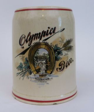 70s Olympia Beer Tumwater Falls Pottery Stein Mug 1/2 Liter 1904 Horse Shoe