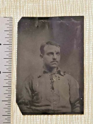 Antique Tintype Photo Western Cowboy In Old West Pioneer Skinner Shirt Outlaw?