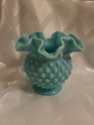 Vintage Fenton Turquoise Blue Milk Glass Hobnail Ball Vase Ruffled Aqua Usa