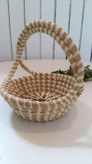 Vintage Sweet Grass Gullah Gathering Basket With Round Handles Folk Art