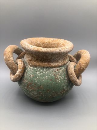Vintage Mexican Clay Pottery Vase With Handles And Rings