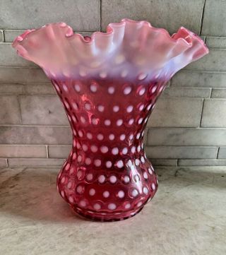 Vintage Fenton Opalescent Cranberry Red W White Polka Dots Ruffled 8” Vase
