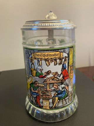 Collectible German Glass Beer Stein Mug Der Schumacher Pewter Lid Mfg By Bmf