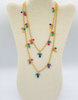 Vtg Joan Rivers Multi Colored Red Blue Green Teardrop Glass Charms Necklace 40”