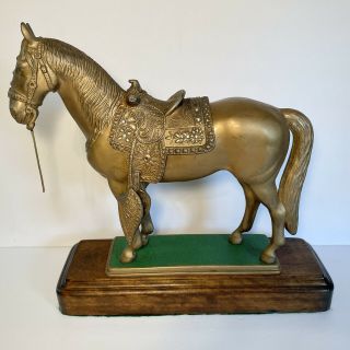 12,  Lbs Vintage Large Brass Horse Statue W/ Wood Base & Saddle W/ Rhinestones