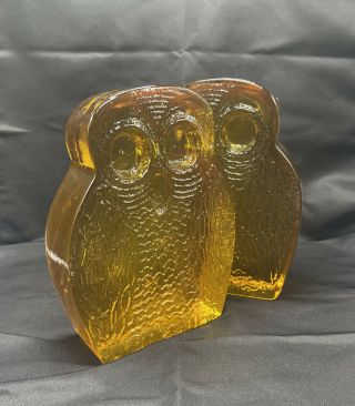 Look Mid Century Vintage Blenko Amber Yellow Glass Owl Bookends Pair Set Of 2