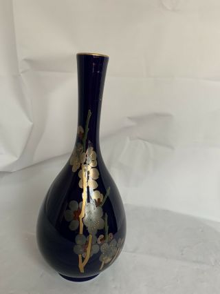 Fukagawa Cobalt Blue Vase Bud Handpainted Porcelain Floral Gold Arita Orig Label