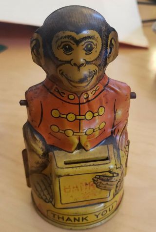 Vintage Chein Tin Toy.  1940s.  Monkey Mechanical Bank,  “missing Arm With Hat