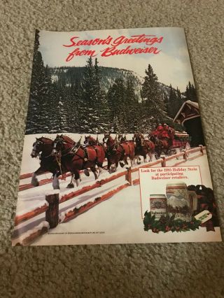 Vintage 1985 Budweiser Bud Beer Clydesdales Holiday Stein Poster Print Ad 1980s