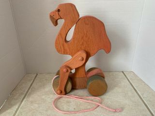 Vintage Wooden Flamingo Pull Toy Rolling Toy On Wheels 12 " Tall