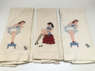 Vintage Set Of Three Hand Embroidered Pin Up Girls Kitchen/bathroom Towels