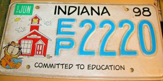 Indiana License Plate - 1998 - Committed To Education - Garfield