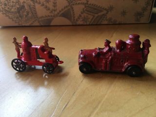 Two Vintage Cast Iron Fire Engines - Truck & Wagon