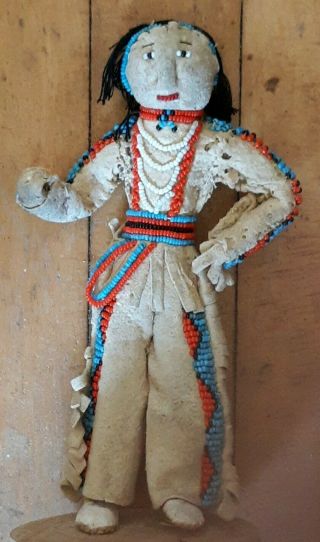 Shoshone Indian Handmade Doll Leather And Beads 7.  5 "