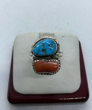Vintage Sterling Silver Coral And Turquoise Navajo Made Ring Size 9.  25 Signed