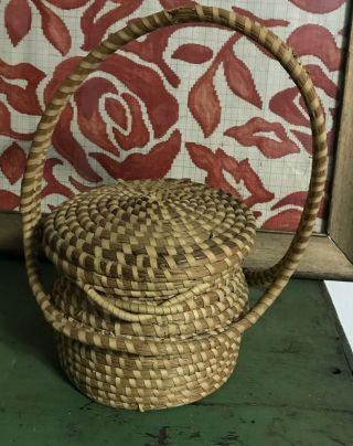 Vtg.  Sweetgrass Basket With Handle Lid Gullah Black Folk Art Charleston