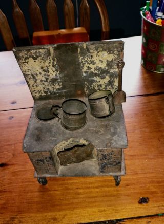 Toy Embossed Tin Coal Kitchen Stove With 2 Kettles And Coal Shovel