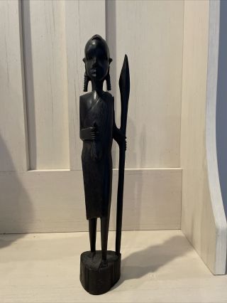 Vintage Hand - Carved Ebony Wood African Girl - Woman Statue Tribal Art 12.  5 " Tall