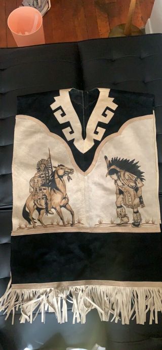 Vintage Mexican Horsemon Leather Poncho Unique Hand Tooled