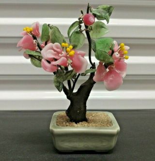 Vintage Asian Chinese Glass Gem Bonsai Tree Flowering Potted Plant Home Decor