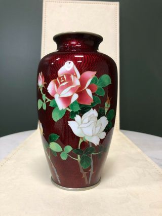 Vintage Pigeon Blood Red Enamel Cloisonne Vase 7 " Tall Floral Roses Birds Marked