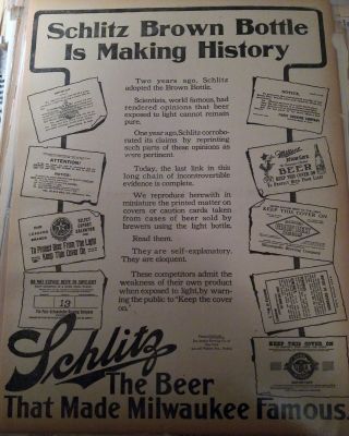June 25,  1913 Newspaper Page J5318 - Schlitz Beer - Full Page Brown Bottle Ad