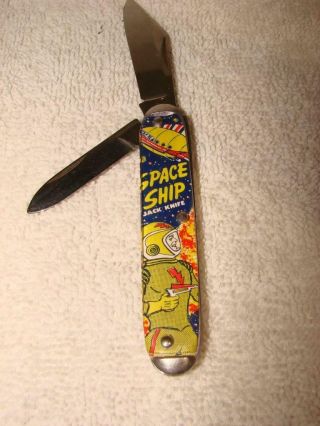 Vtg 3 1/2 " 2 Blade " Space Ship Jack Knife " Made In U.  S.  A - Great Graphics -