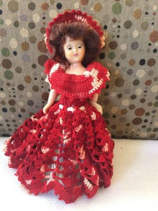 Vintage Blinking Eye Celluloid Doll Brown Hair Hand Made Crocheted Dress Hat