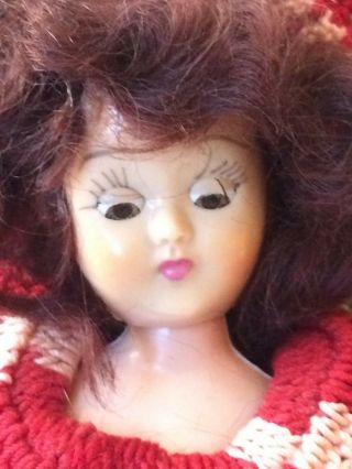 Vintage Blinking Eye Celluloid Doll Brown Hair Hand Made Crocheted Dress Hat 2