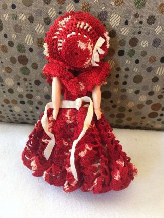 Vintage Blinking Eye Celluloid Doll Brown Hair Hand Made Crocheted Dress Hat 3
