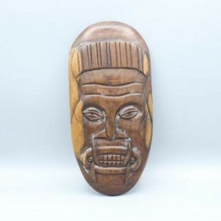 Vintage Hand Carved Tiki Mask Dark Wood With Fangs,  Tribal Wall Hanging