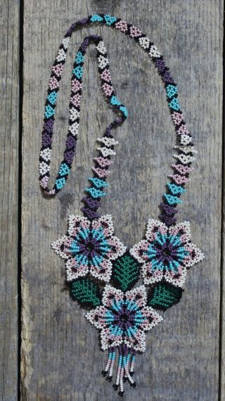 Huichol Indian Beaded Flower Necklace Handmade Mexican Folk Art Spring Colors
