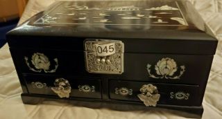 Vintage Asian Mother Of Pearl Lacquered Black Jewelry/music Box Drawers/mirror