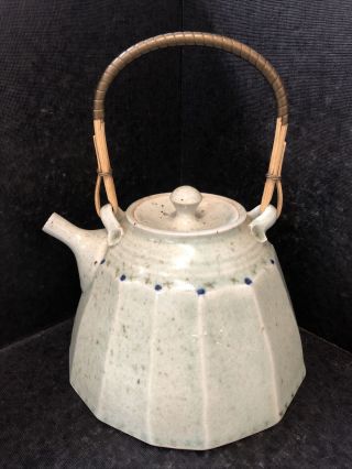 Vintage Hand Crafted Otagiri Aqua W/cobalt Blue Dots Stoneware Teapot W/ Lid