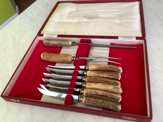 Vintage Real Stag Horn Cutlery Set - Lewis Rose Sheffield Carving Fork & Steel