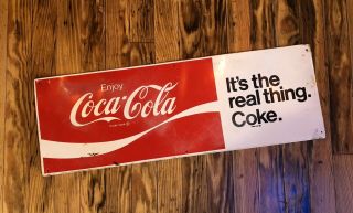 Vintage Coca Cola Sign Its The Real Thing 1970’s Wave Metal 27.  5”x9.  5” As - Is Wow