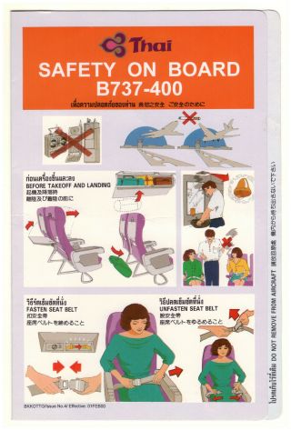 Thai Airways Boeing 737 - 400 - Safety Card No.  4 Eff.  01feb00 (glossy Folder)