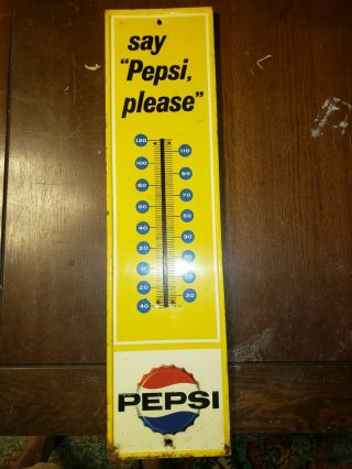 Vintage 1960s Say Pepsi Please Thermometer Sign 28x7.  5 "