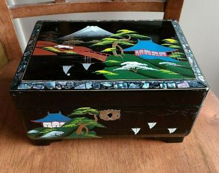 Vtg Tilso Black Lacquered Hand Painted Japanese Music Jewelry Box W/ Key Japan