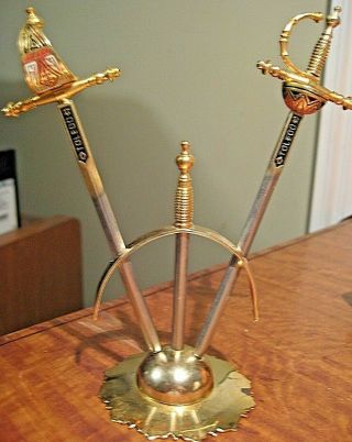 Vintage Toledo Spain Miniature Brass Swords Cocktail Picks 5 " And Holder Stand