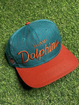Vintage 90s Miami Dolphins Sports Specialties Snapback Hat Cap Script Pinstripe