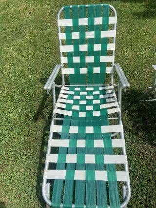 Vintage Folding Aluminum Lawn Lounge Chair Webbed Green Beach Pool Green & White
