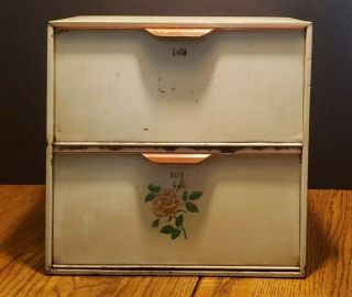 Vintage Metal Pie Safe Bread Box Tin Storage Double Shelf Off Whites Rose Decal