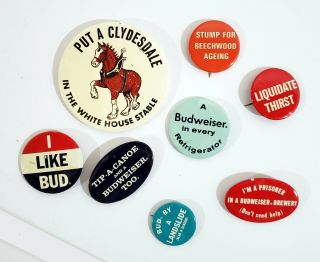 8 Vintage Budweiser Pinback Buttons Pin Back I Like Bud Clydesdale Beechwood