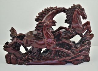 Vintage Chinese Red Cast Resin Carved Statue Figurine Galloping Horses